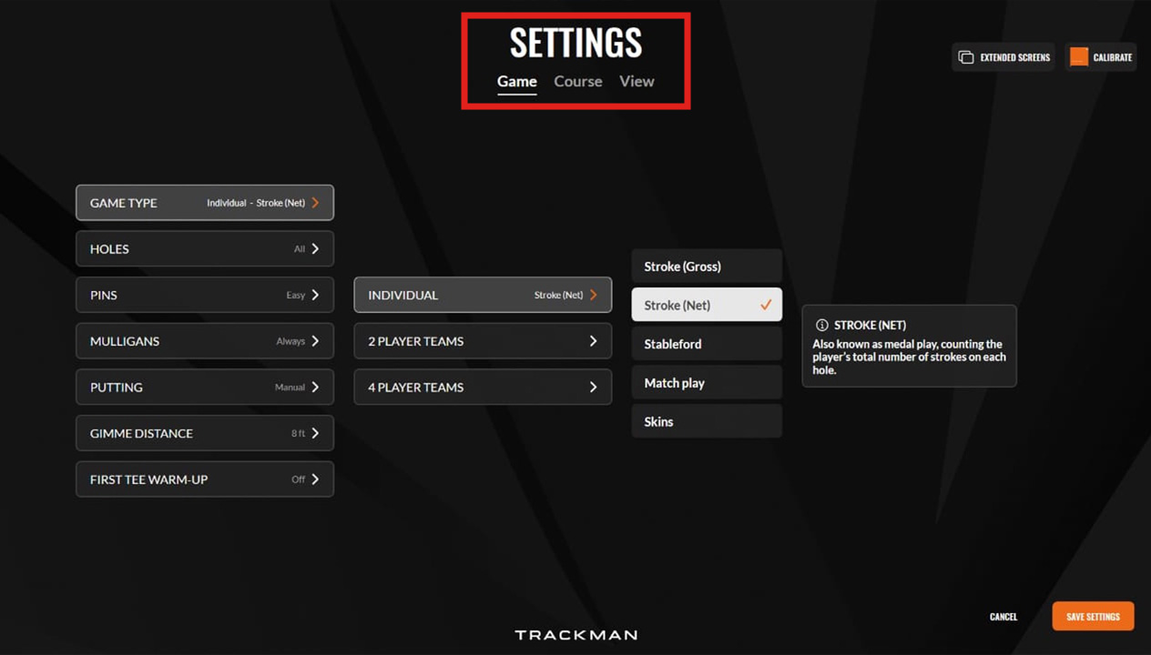 Trackman software game settings