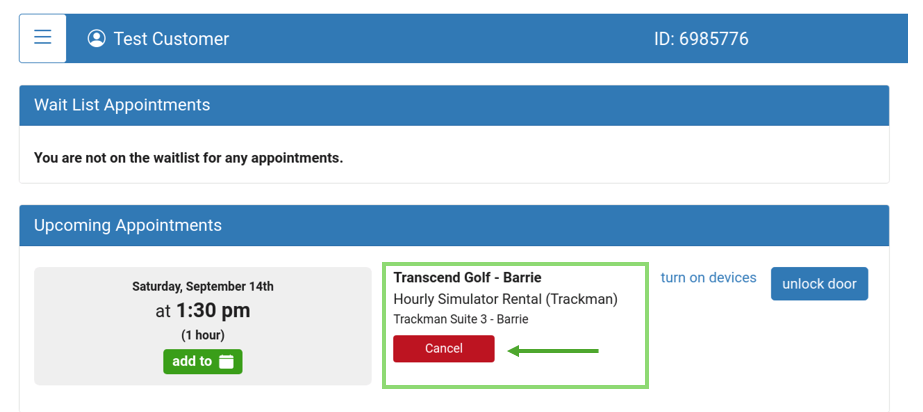 Transcend Golf indoor driving range cancellation instructions